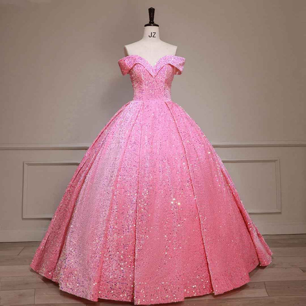 Sparkly Sequin Prom Dresses Long Ball Gown Off Shoulder Quinceanera Dresses Puffy Glitter Evening Party Dresses - Bmbride