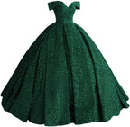 Sparkly Sequin Prom Dresses Long Ball Gown Off Shoulder Quinceanera Dresses Puffy Glitter Evening Party Dresses - Bmbride