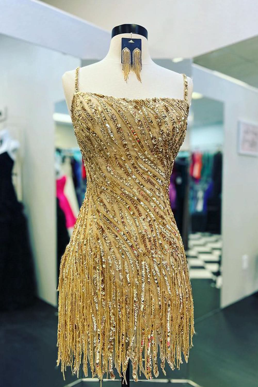 Glamorous Sparkly Sheath Spaghetti Straps Gold Short Homecoming Dress with Stylish Tassel Accents BM bride