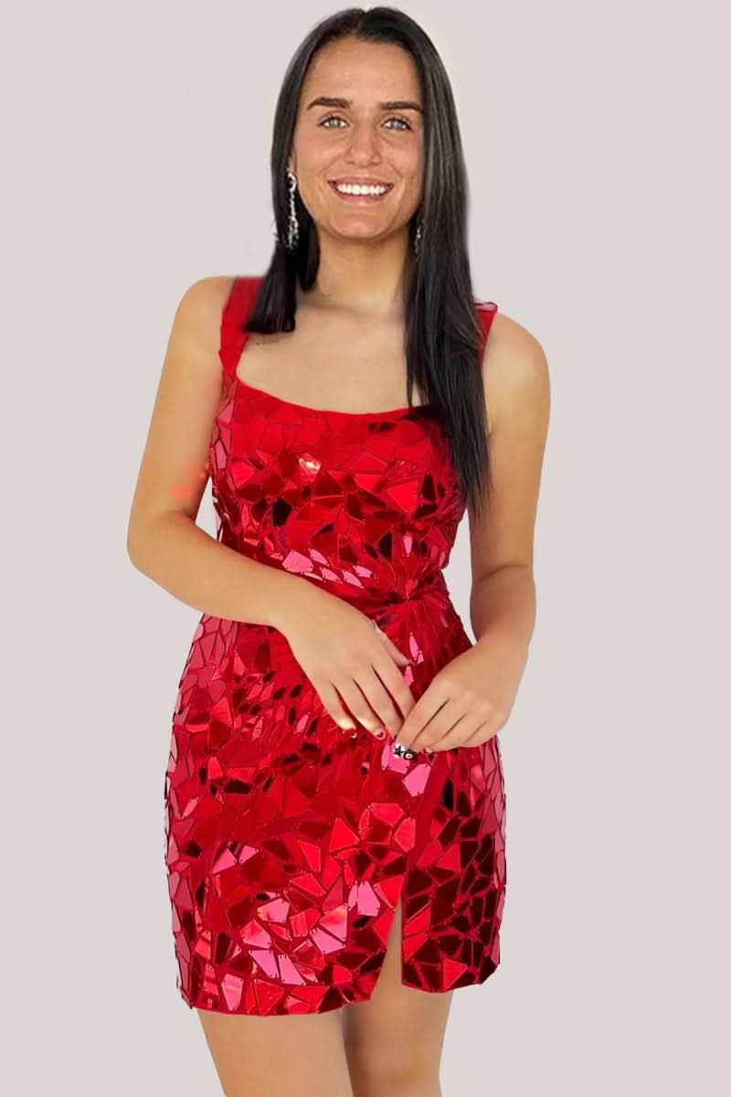 Chic Sparkly Silver Scoop Neck Mirror Tight Short Homecoming Dress BM bride