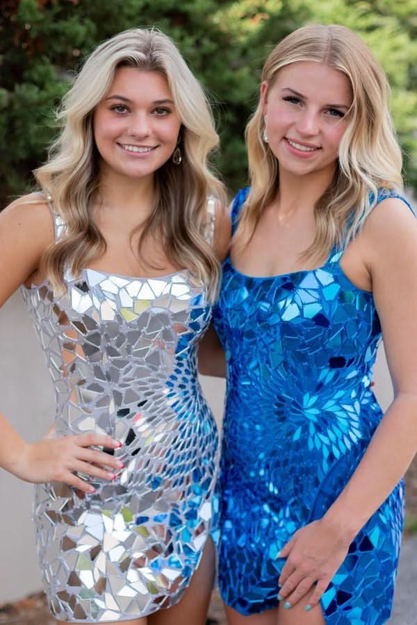 Chic Sparkly Silver Scoop Neck Mirror Tight Short Homecoming Dress BM bride