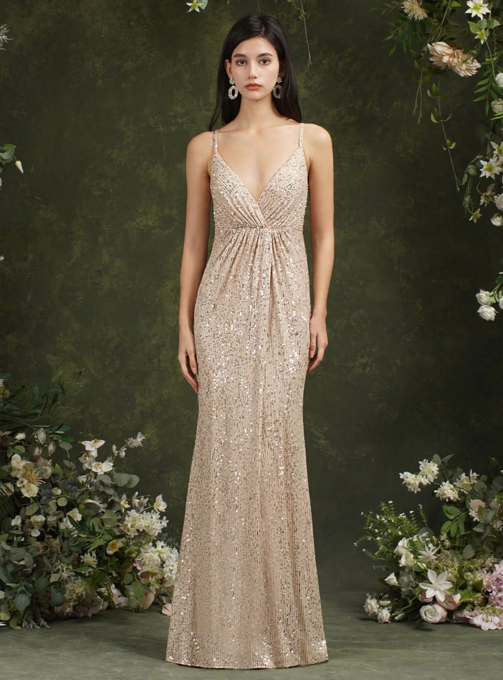 Sparkly Spaghetti Strap Sleeveless Long Meramid Sequins floor length Dress BMbride