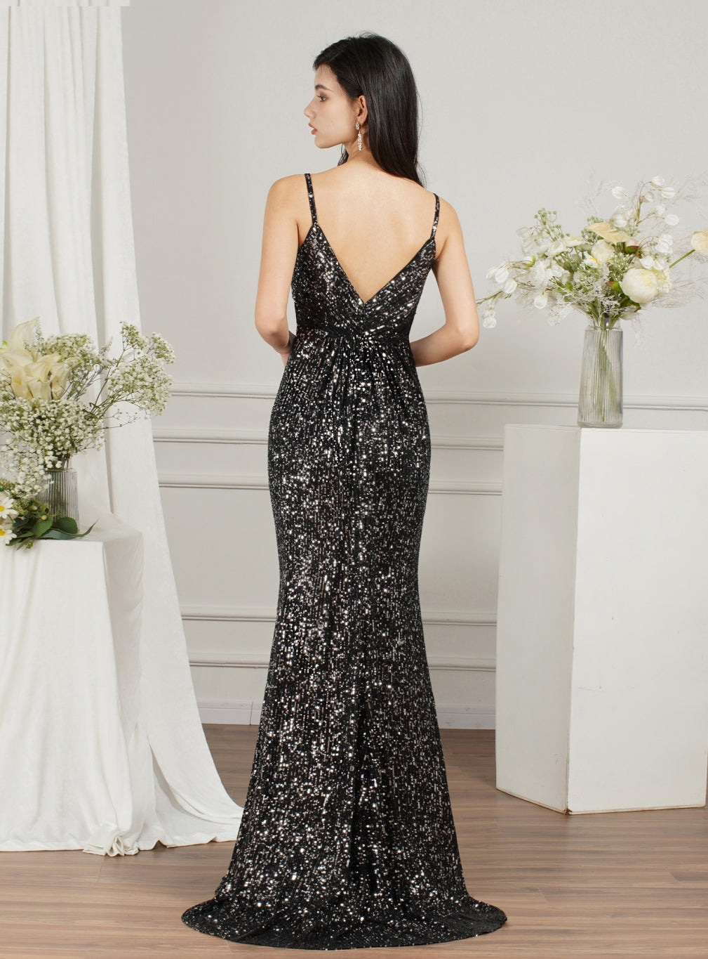 Sparkly Spaghetti Strap Sleeveless Long Meramid Sequins floor length Dress BMbride