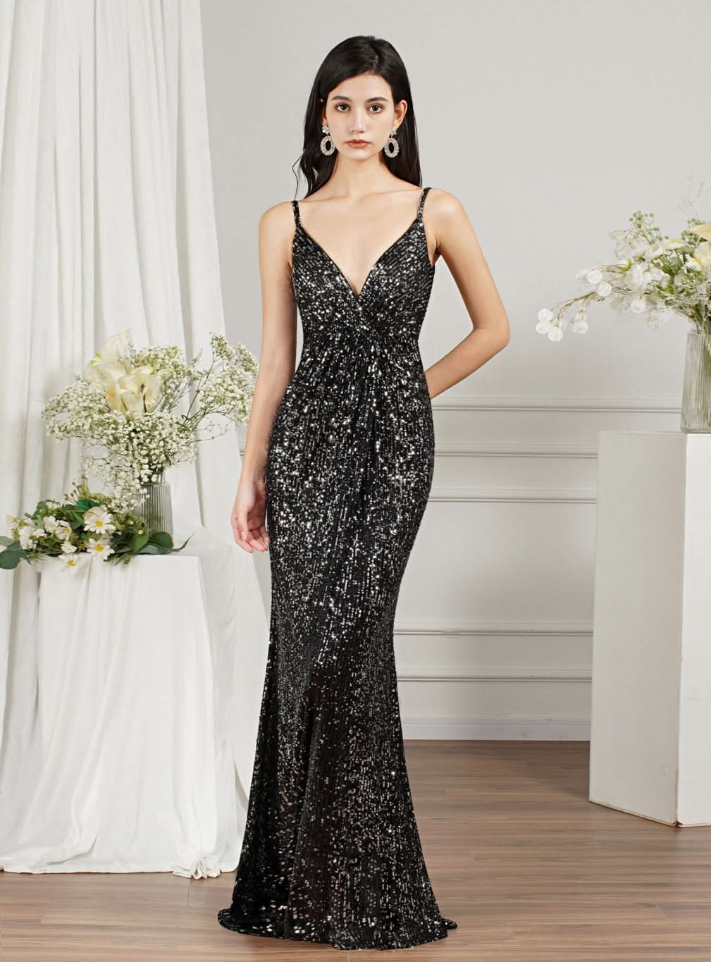 Sparkly Spaghetti Strap Sleeveless Long Meramid Sequins floor length Dress BMbride