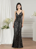 Sparkly Spaghetti Strap Sleeveless Long Meramid Sequins floor length Dress BMbride