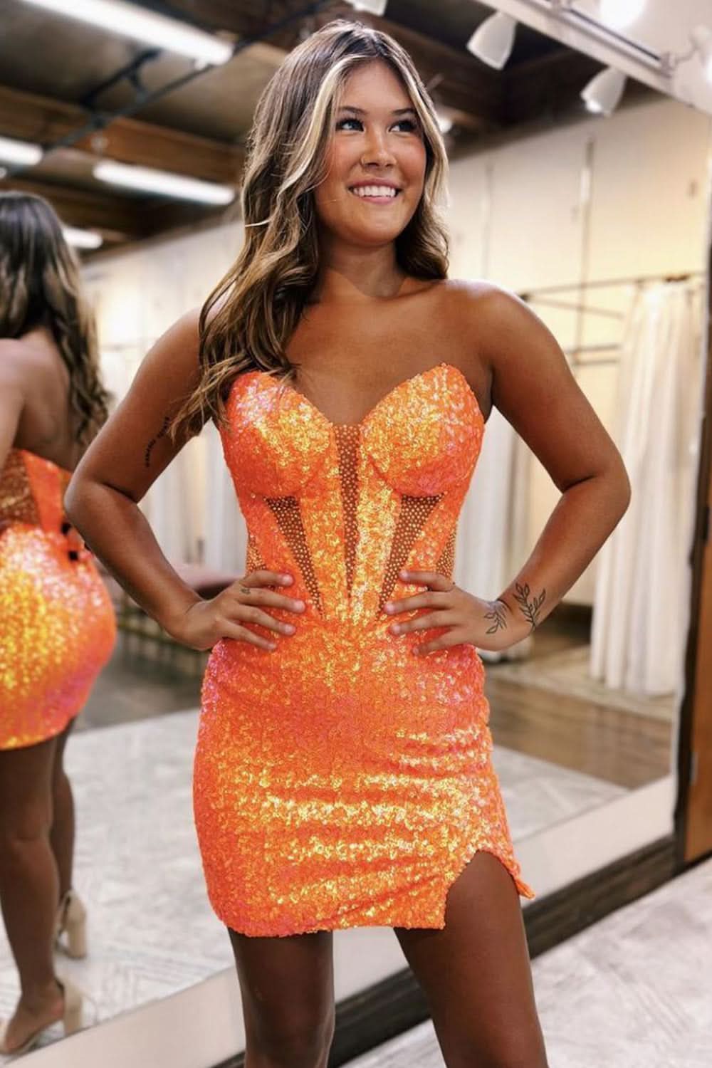 Sparkly Strapless Bodycon Sequin Short Homecoming Dress with Elegant Slit BM bride