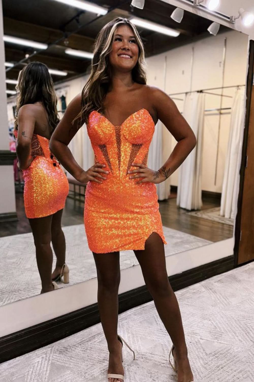 Sparkly Strapless Bodycon Sequin Short Homecoming Dress with Elegant Slit BM bride