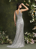 Sparkly Straps V Neck Mermaid Floor Length Dress With Sequins BMbride