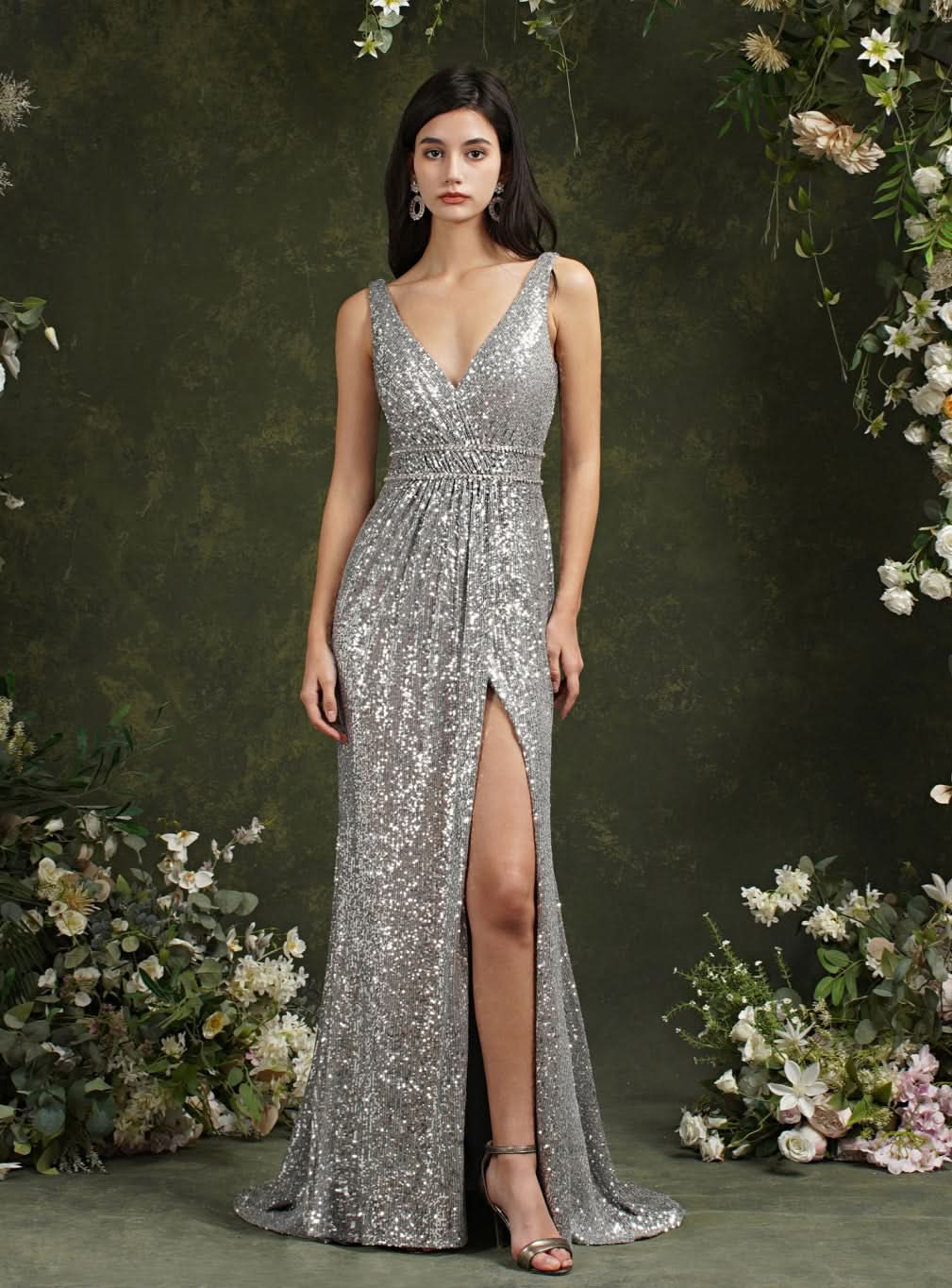 Sparkly Straps V Neck Mermaid Floor Length Dress With Sequins BMbride