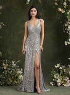 Sparkly Straps V Neck Mermaid Floor Length Dress With Sequins BMbride