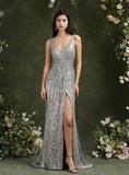 Sparkly Straps V Neck Mermaid Floor Length Dress With Sequins BMbride