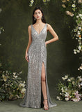 Sparkly Straps V Neck Mermaid Floor Length Dress With Sequins BMbride