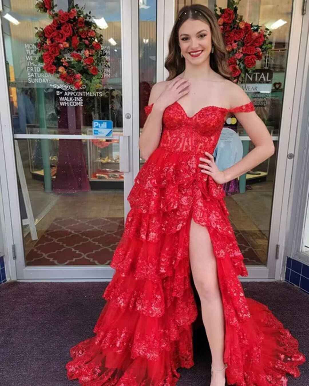 Sparkly Tiered Lace Tulle Prom Dresses Long 2025 Spaghetti Straps Formal Corset Evening Gown with Slit - Bmbride