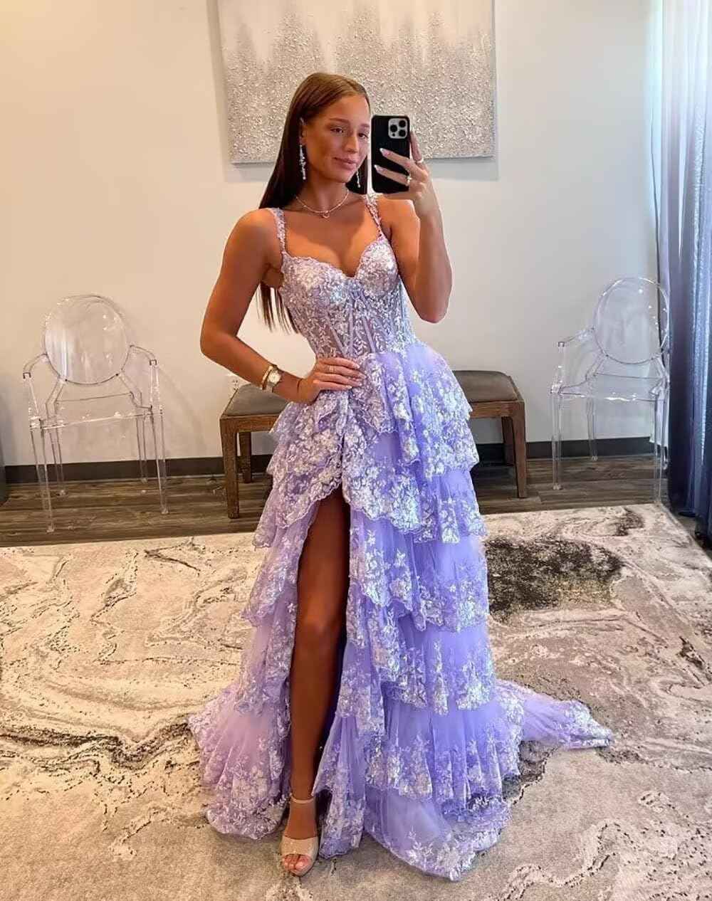 Sparkly Tiered Lace Tulle Prom Dresses Long 2025 Spaghetti Straps Formal Corset Evening Gown with Slit - Bmbride
