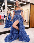 Sparkly Tiered Lace Tulle Prom Dresses Long 2025 Spaghetti Straps Formal Corset Evening Gown with Slit BM