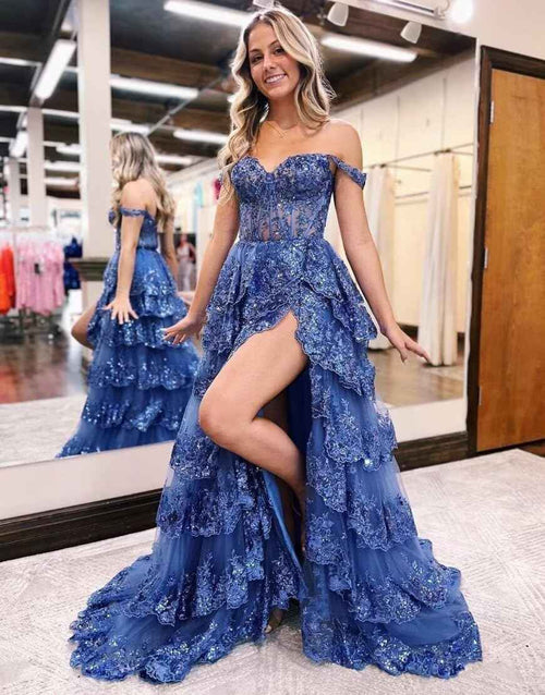 Sparkly Tiered Lace Tulle Prom Dresses Long 2025 Spaghetti Straps Formal Corset Evening Gown with Slit - Bmbride