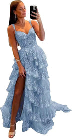 Sparkly Tiered Lace Tulle Prom Dresses Long 2025 Spaghetti Straps Formal Corset Evening Gown with Slit - Bmbride