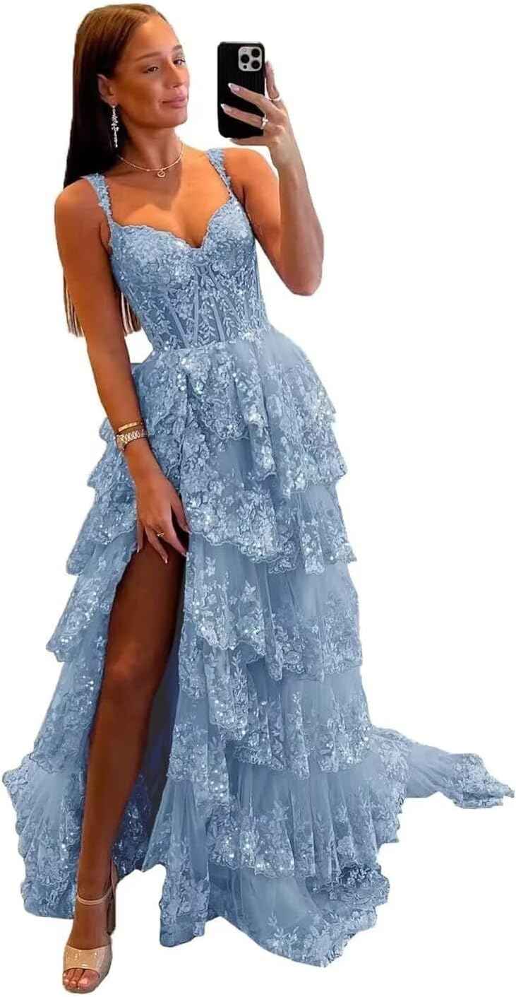 Sparkly Tiered Lace Tulle Prom Dresses Long 2025 Spaghetti Straps Formal Corset Evening Gown with Slit - Bmbride
