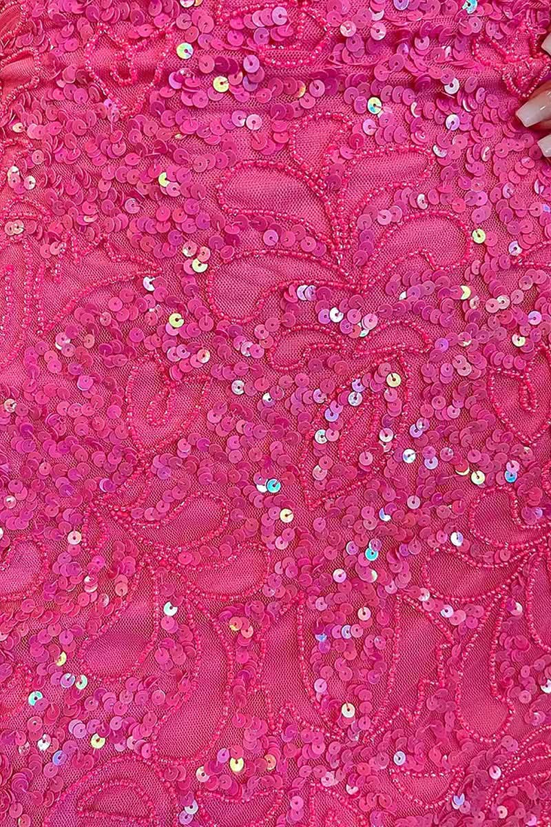 Radiant Fuchsia Sparkly V Neck Sequin Bodycon Homecoming Dress with Criss Cross Back BM bride