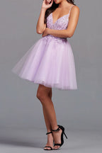 Charming A-Line Backless Tulle Appliqued Homecoming Dress BM bride