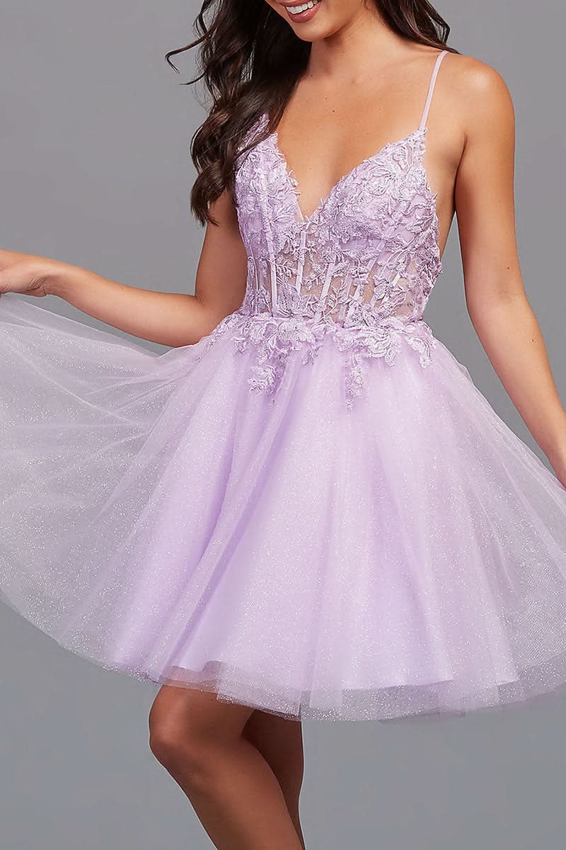 Charming A-Line Backless Tulle Appliqued Homecoming Dress BM bride