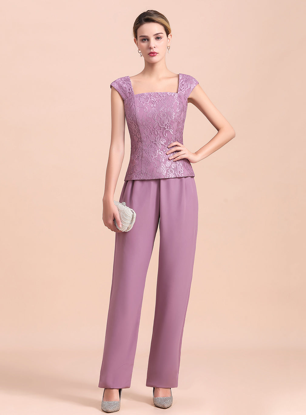 Square Cap-Sleeves Lace Chiffon Jumpsuit BMbride