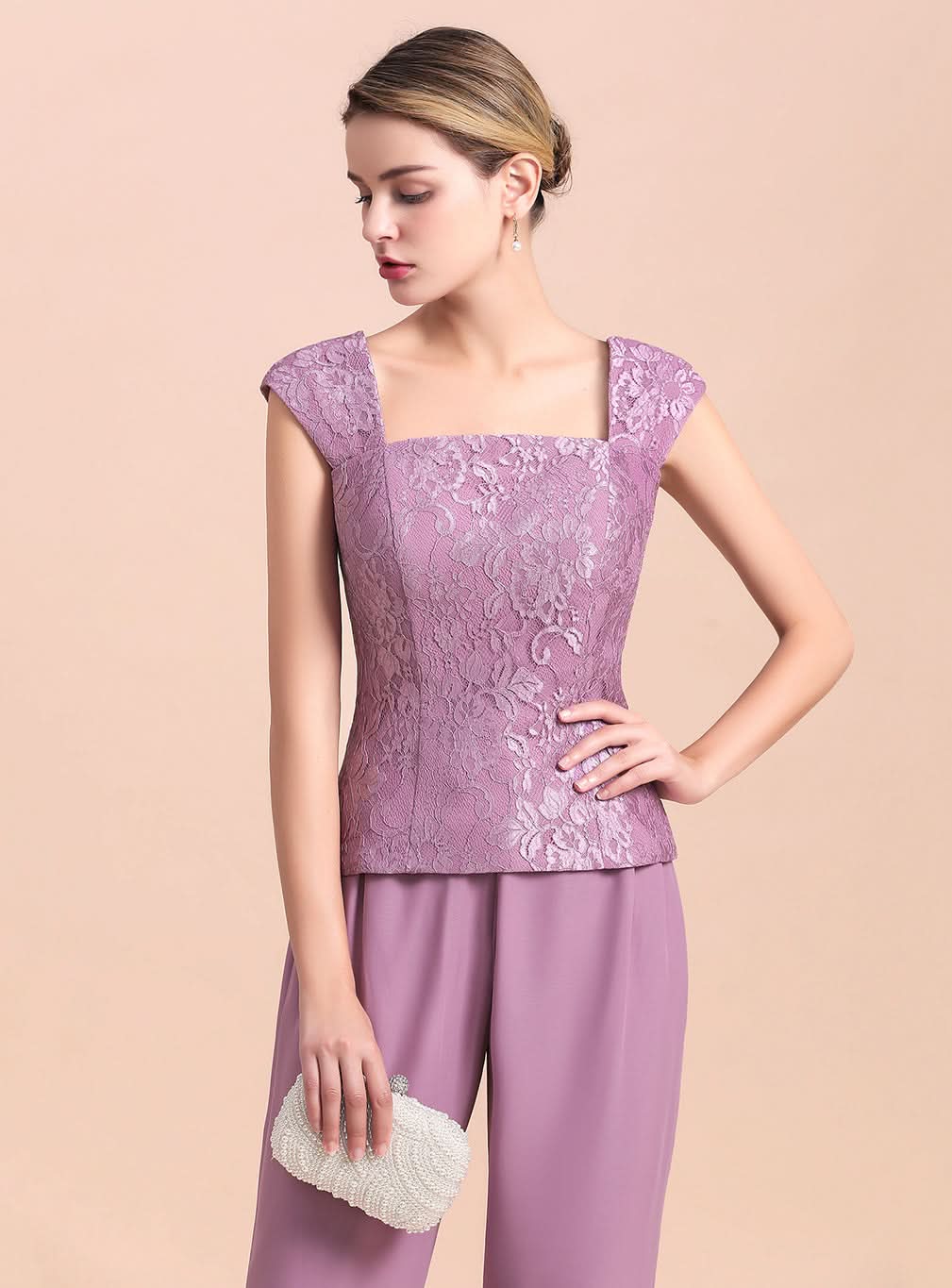 Square Cap-Sleeves Lace Chiffon Jumpsuit BMbride