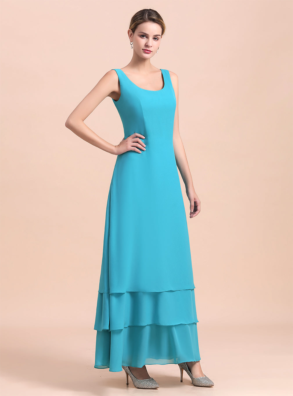Square Sleeveless Flowers Layers Ankle-Length Dress BMbride