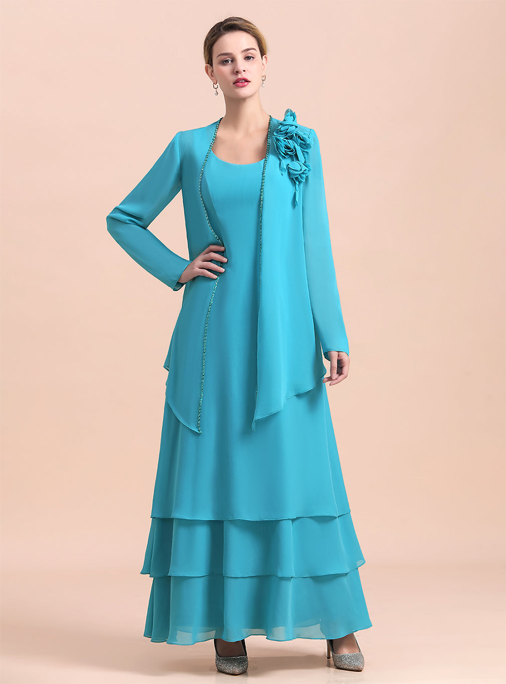 Square Sleeveless Flowers Layers Ankle-Length Dress BMbride