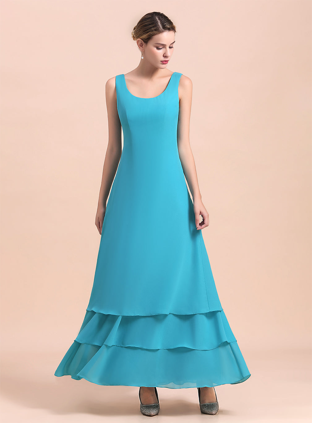 Square Sleeveless Flowers Layers Ankle-Length Dress BMbride