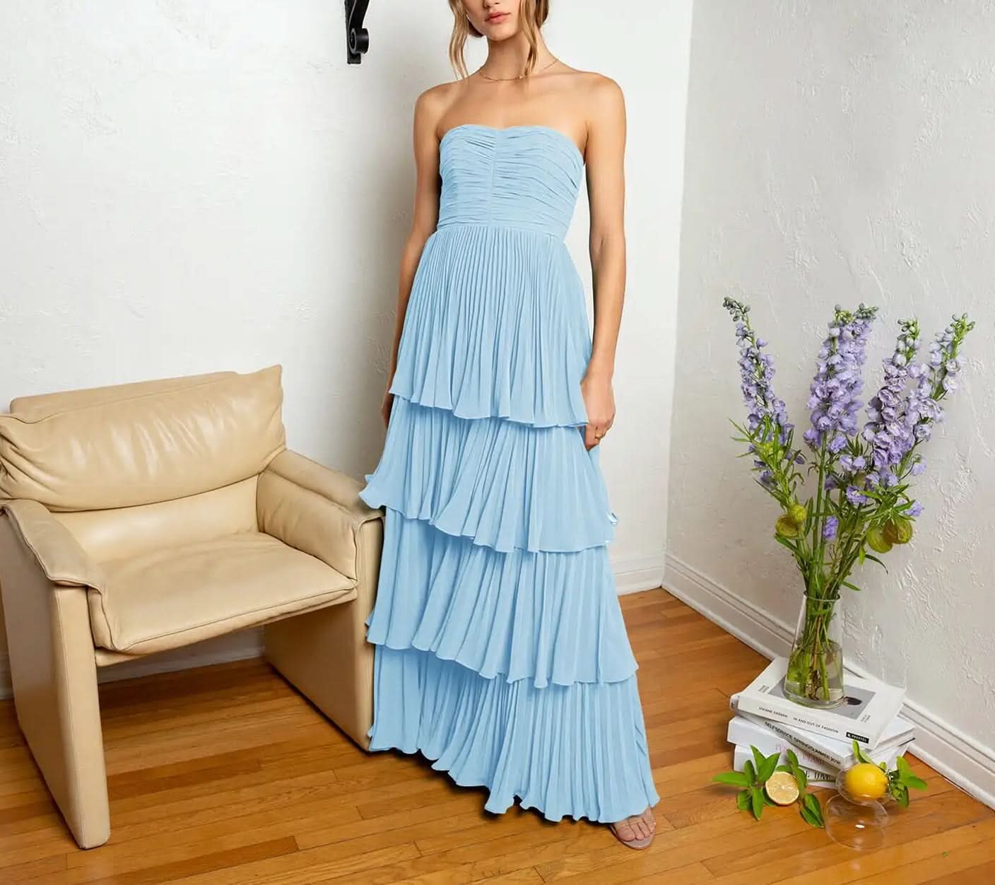 Stunning Strapless Emerald Green Ruffle Multi-Layer Long Prom Dress BM bride