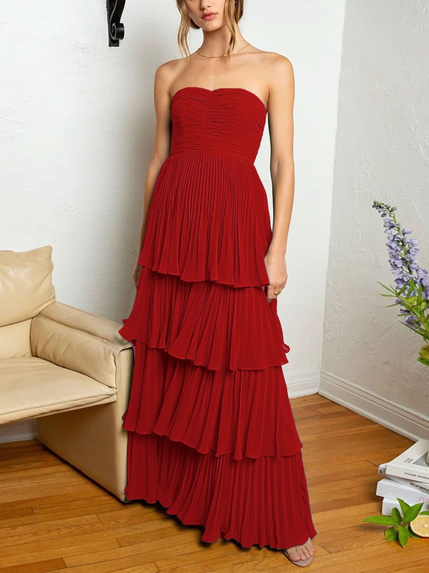 Stunning Strapless Emerald Green Ruffle Multi-Layer Long Prom Dress BM bride