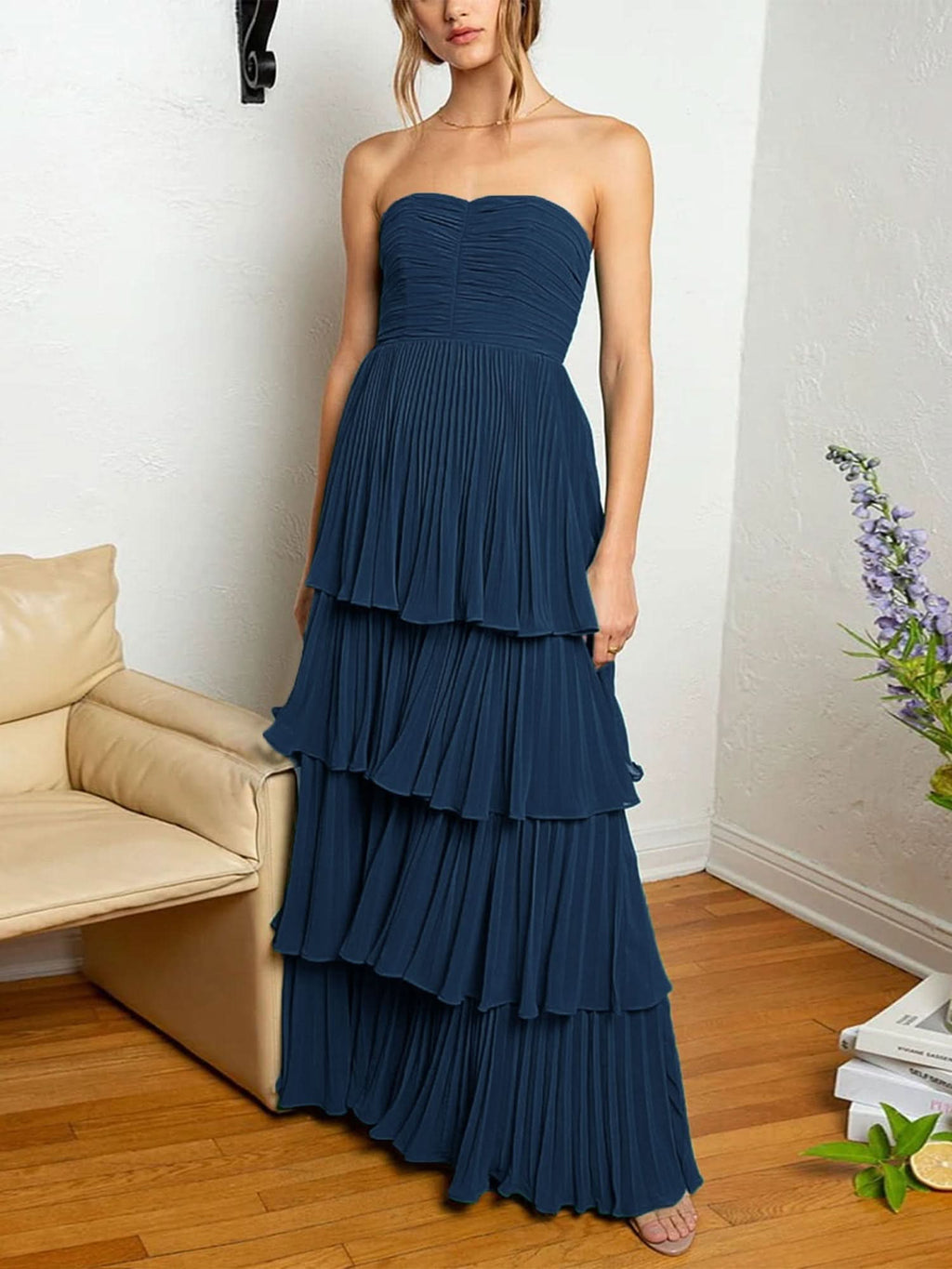 Stunning Strapless Emerald Green Ruffle Multi-Layer Long Prom Dress BM bride