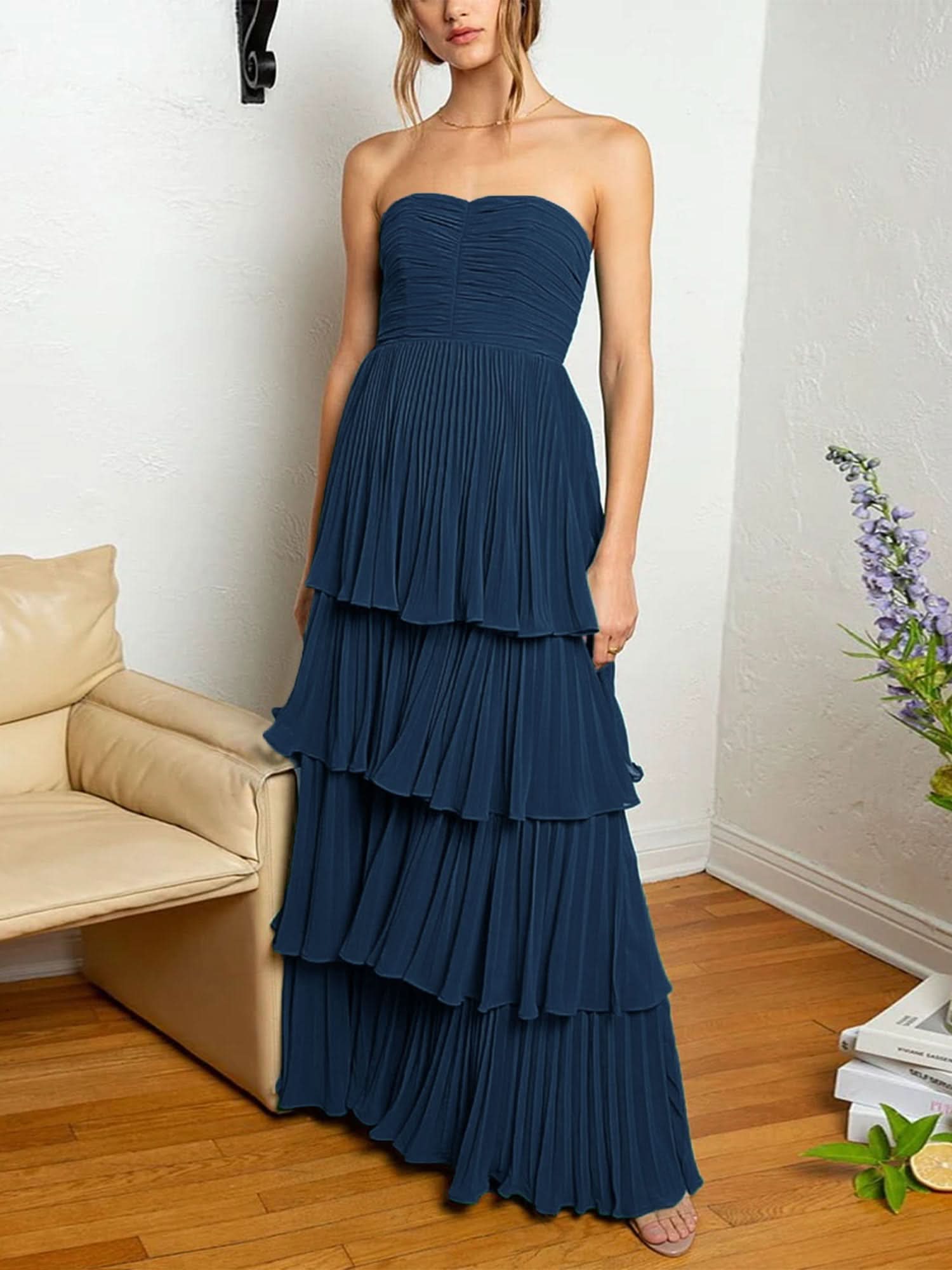 Stunning Strapless Emerald Green Ruffle Multi-Layer Long Prom Dress BM bride