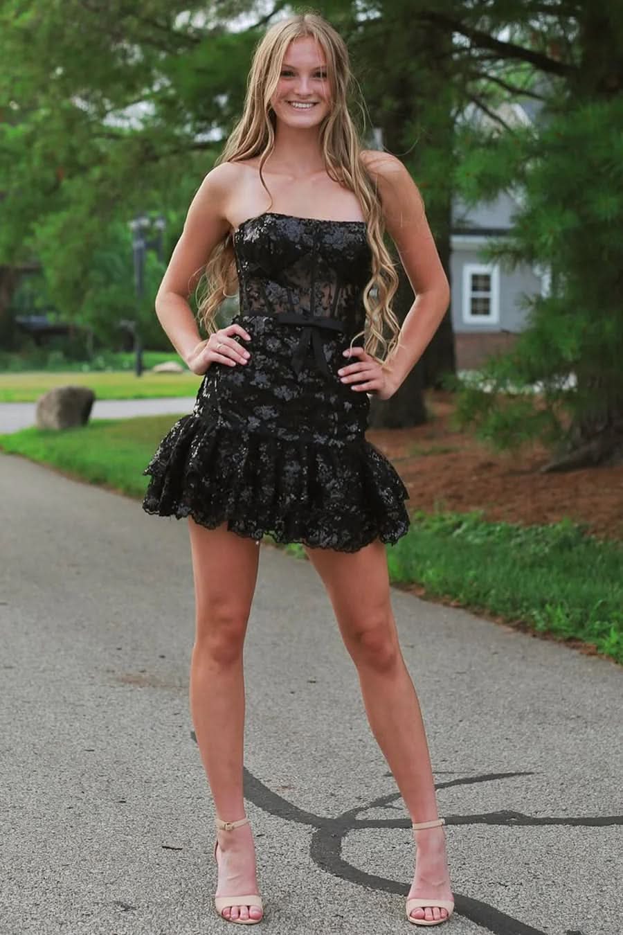Strapless Lavender Sequin Tight Mini Dress with Ruffles BM bride