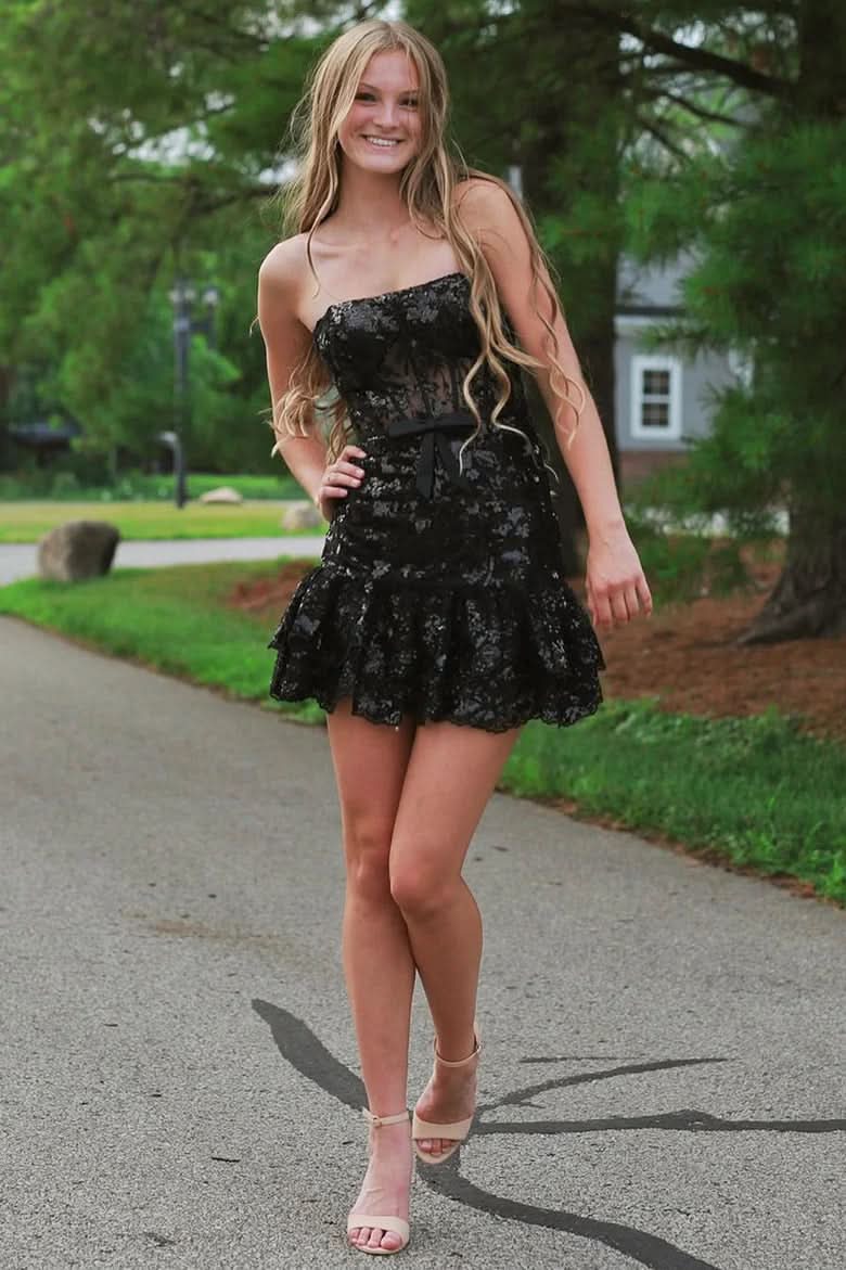 Strapless Lavender Sequin Tight Mini Dress with Ruffles BM bride
