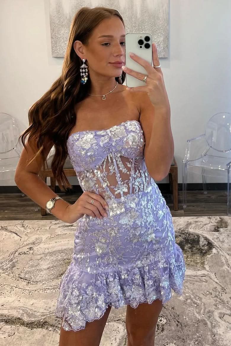 Strapless Lavender Sequin Tight Mini Dress with Ruffles BM bride