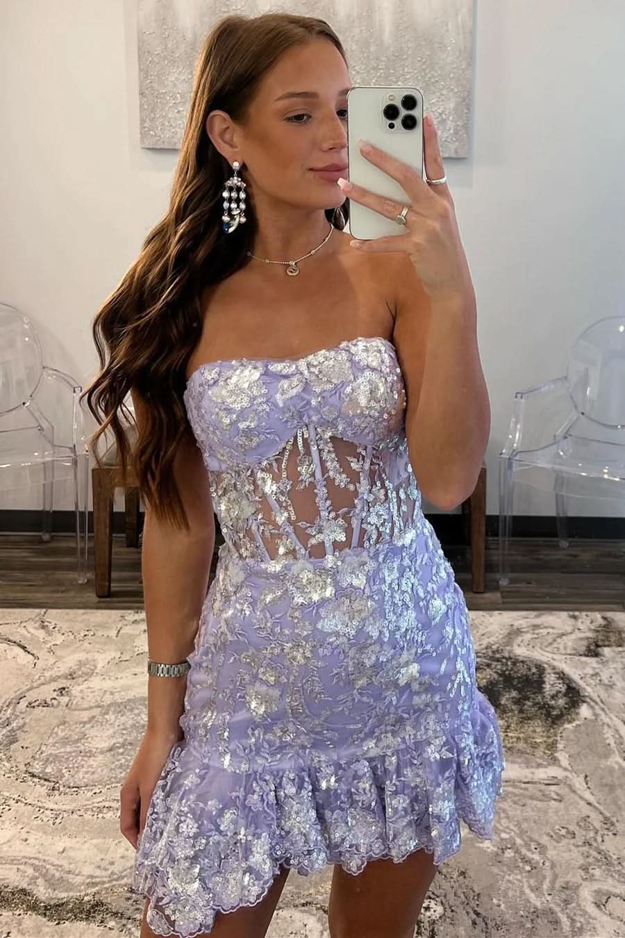 Strapless Lavender Sequin Tight Mini Dress with Ruffles BM bride