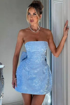 Charming Sleeveless Satin Mini Homecoming Dress with Ruched Bodice and Bow Detail BM bride