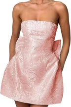 Charming Sleeveless Satin Mini Homecoming Dress with Ruched Bodice and Bow Detail BM bride