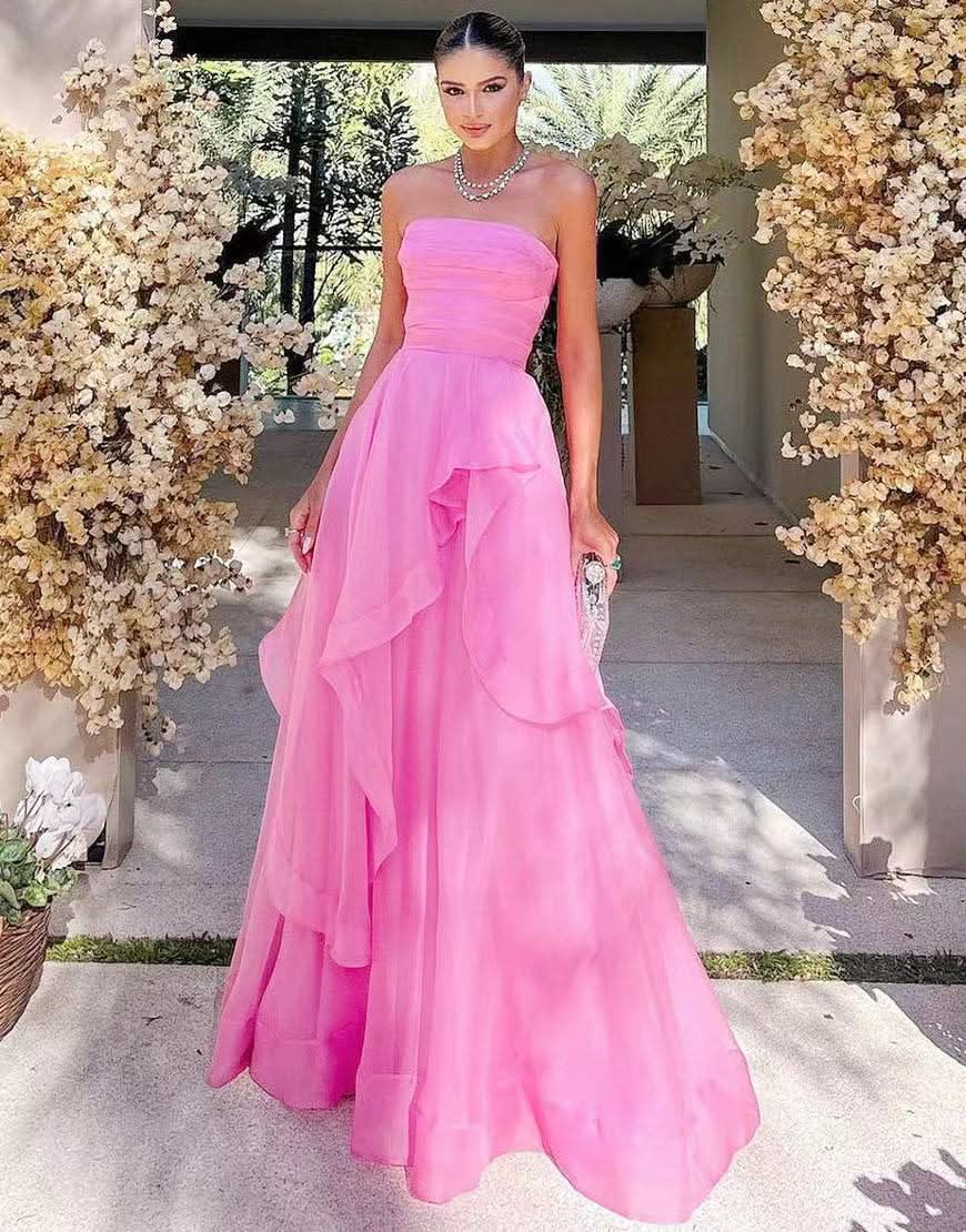 Beautiful Light Pink A-Line Strapless Organza Prom Dress BM bride