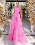 Beautiful Light Pink A-Line Strapless Organza Prom Dress BM bride