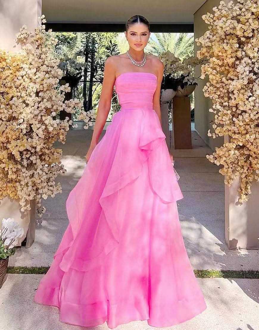 Beautiful Light Pink A-Line Strapless Organza Prom Dress BM bride