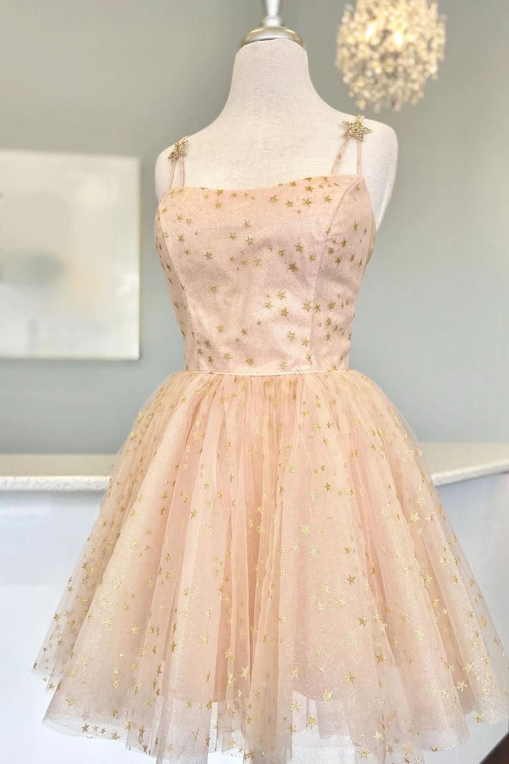 Elegant Champagne Straps A-Line Tulle Homecoming Dress with Gold Stars BM bride