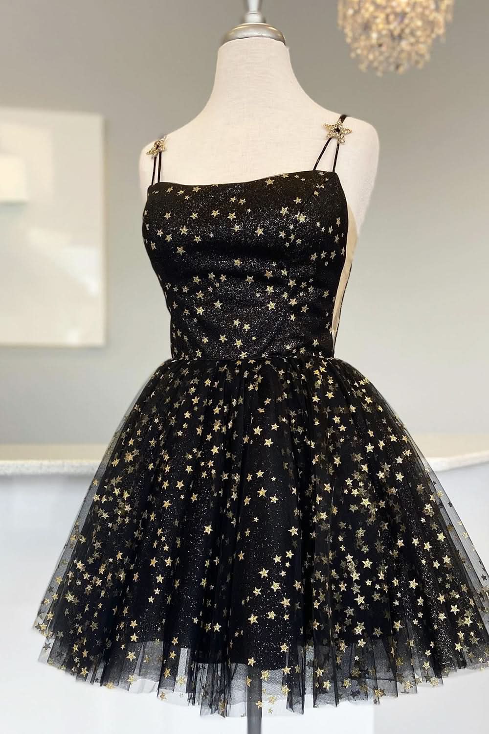Elegant Champagne Straps A-Line Tulle Homecoming Dress with Gold Stars BM bride