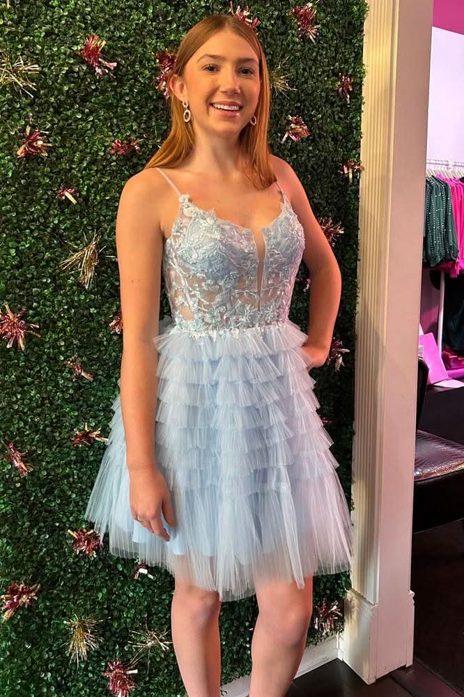 Straps Sky Blue Corset A-Line Ruffle Homecoming Dress BM bride