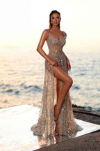 BMbride Stunning Long A-line Sequined Beading Sleeveless Prom Dress with Slit BMbride