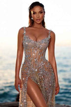 BMbride Stunning Long A-line Sequined Beading Sleeveless Prom Dress with Slit BMbride