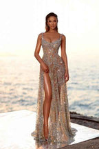 BMbride Stunning Long A-line Sequined Beading Sleeveless Prom Dress with Slit BMbride