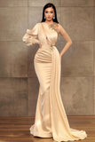 BMbride Stunning One Shoulder Stretch Satin Mermaid Evening Maxi Gown with Side Cape BMbride